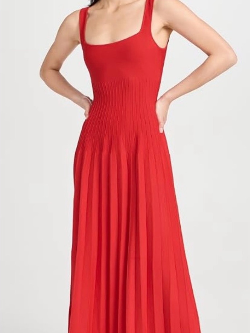 STAUD Red Ellison Pleated Maxi Dress with Square Neck